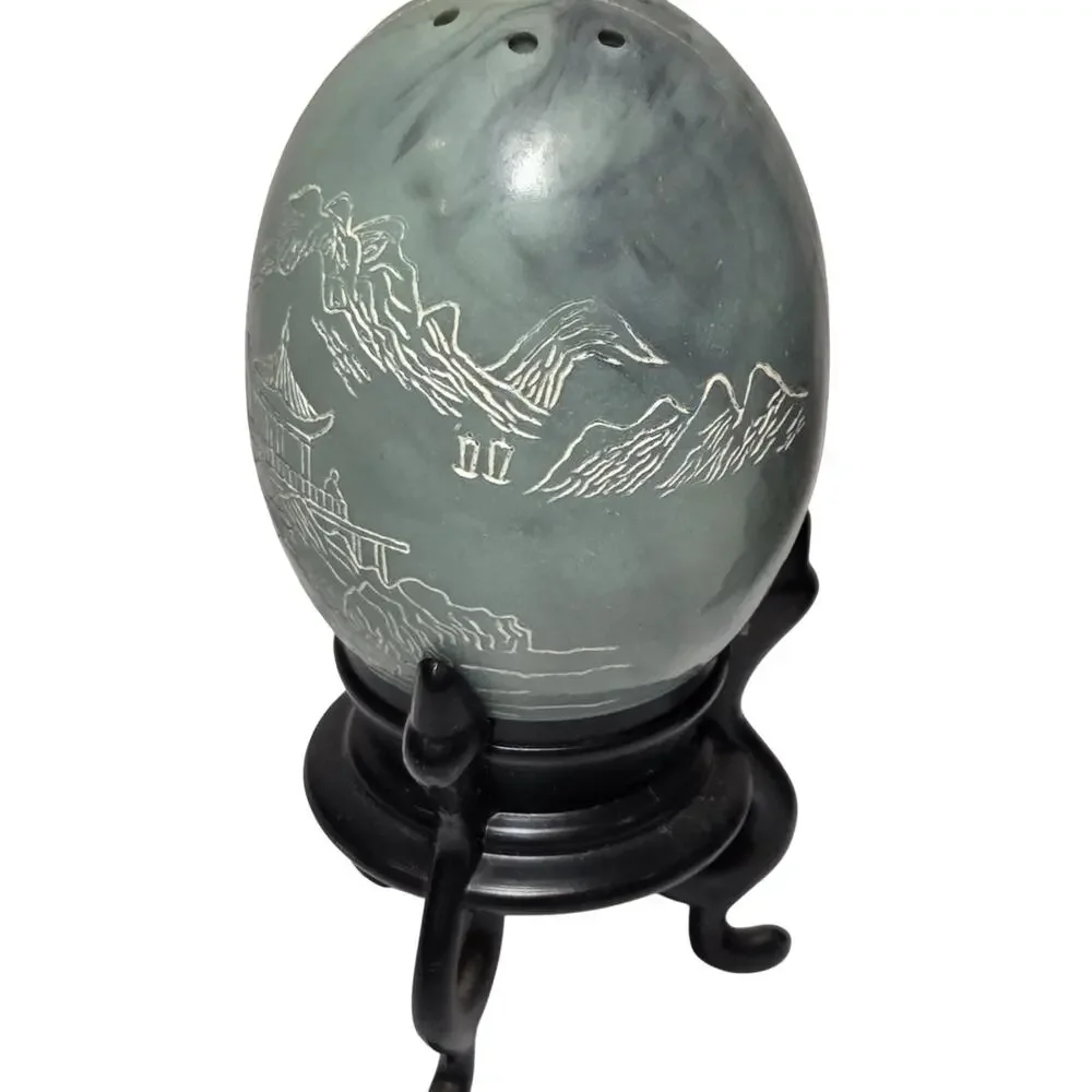 Vintage Hong Kong Faux Jade Egg Salt & Pepper Shakers Asian Landscape w/ Stands